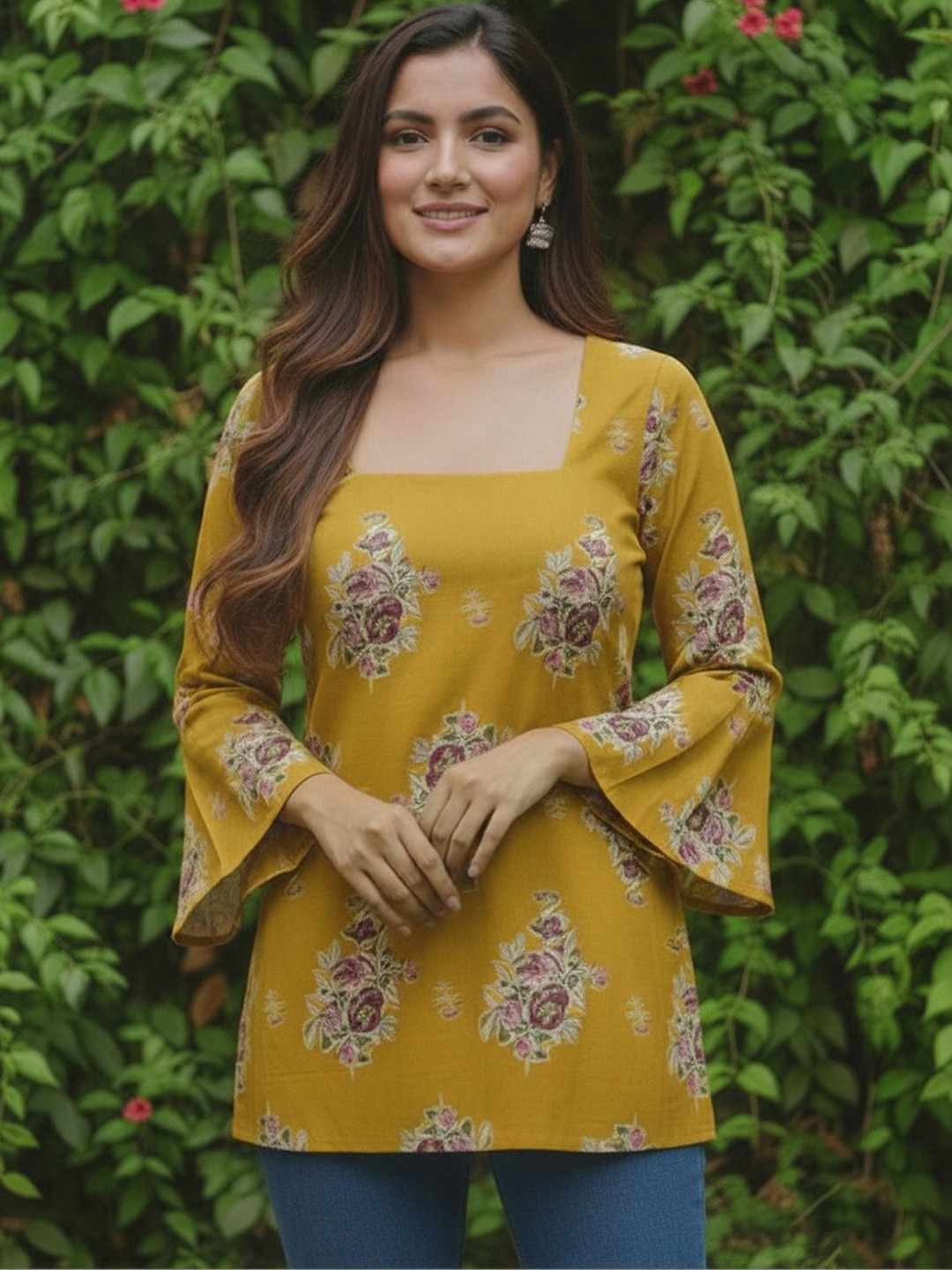 Aaghnya Floral Printed Square Neck Flared Sleeves Kurti