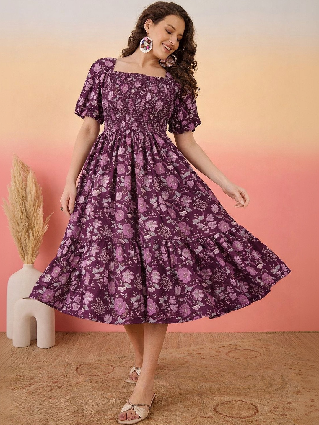 PTVIZE Floral Print Puff Sleeve Crepe A-Line Midi Dress