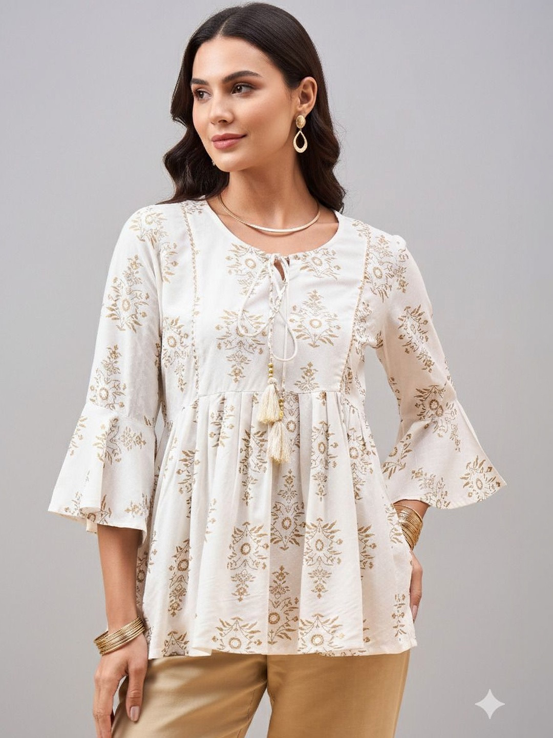 Anouk Rustic Print Tie-Up Neck Flared Sleeve Ethnic Crepe Kurti