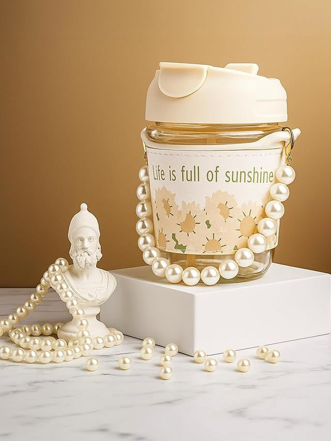 PIXNA Cream-Coloured & Transparent Single Glass Floral Water Bottle