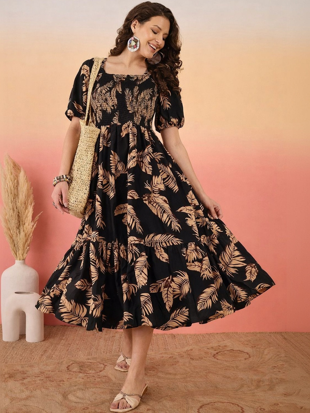 Tropical Floral Print Puff Sleeve Crepe Midi Dress