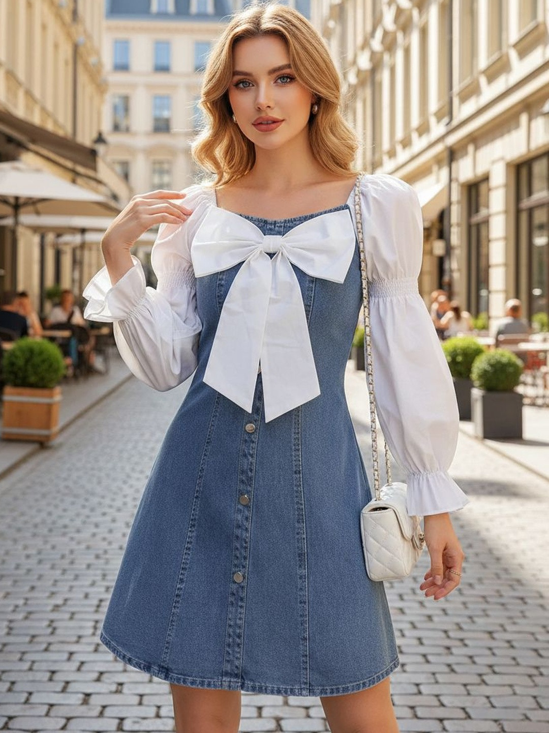 TIARA WORLD Puff Sleeve Denim A-Line Dress