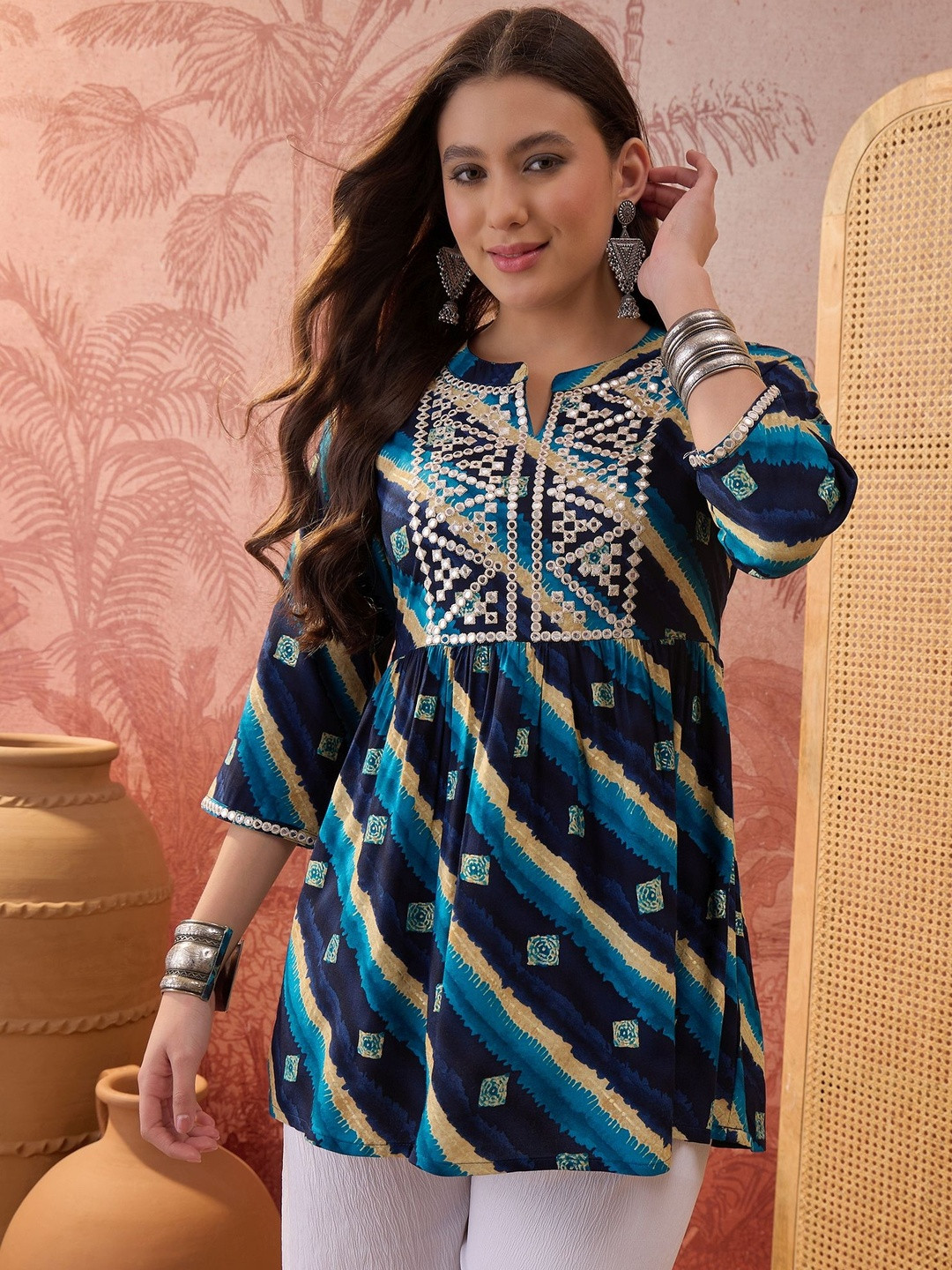 Sangria Leheriya Printed & Embroidered Waistline Kurti