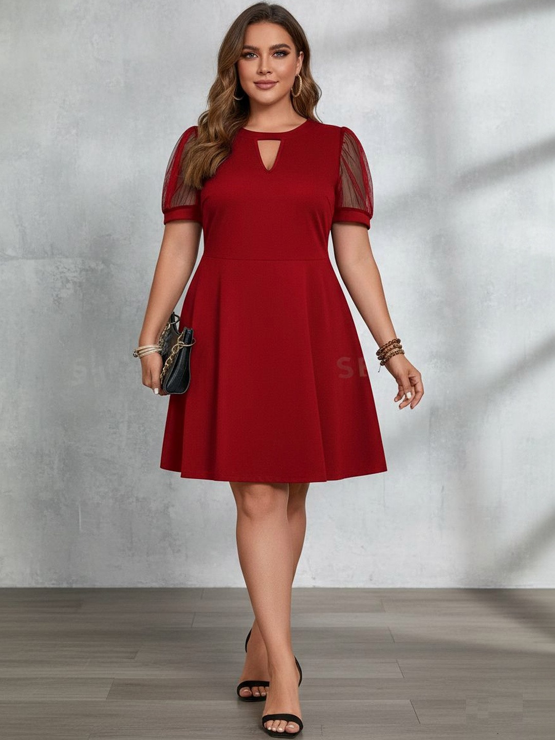 C4D Keyhole Neck Fit & Flare Midi Dress