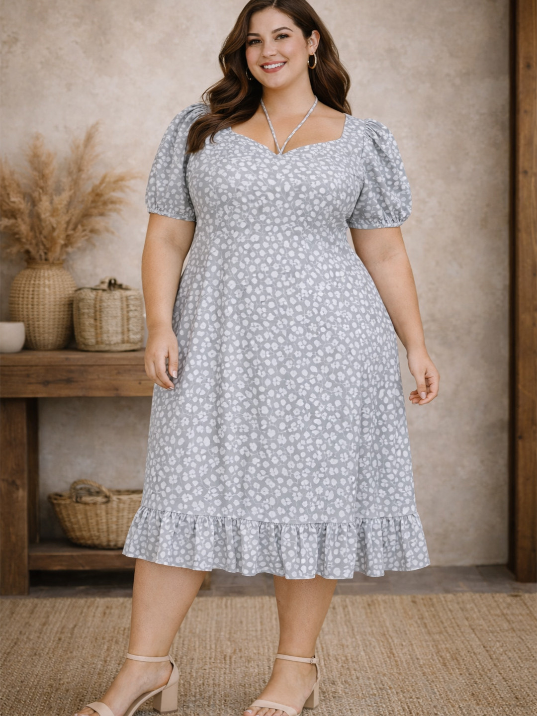 PrettyPlus by Desinoor.com Floral Print Flutter Sleeve Crepe A-Line Midi Dress