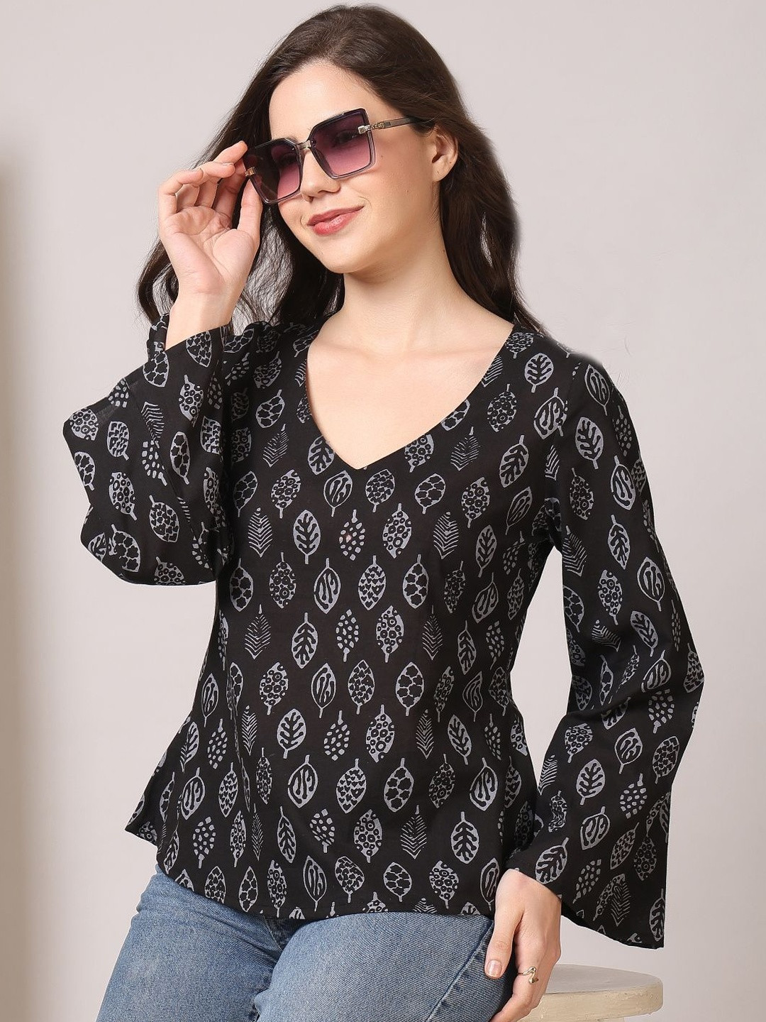 KALAMIR Print Bell Sleeve Cotton Top