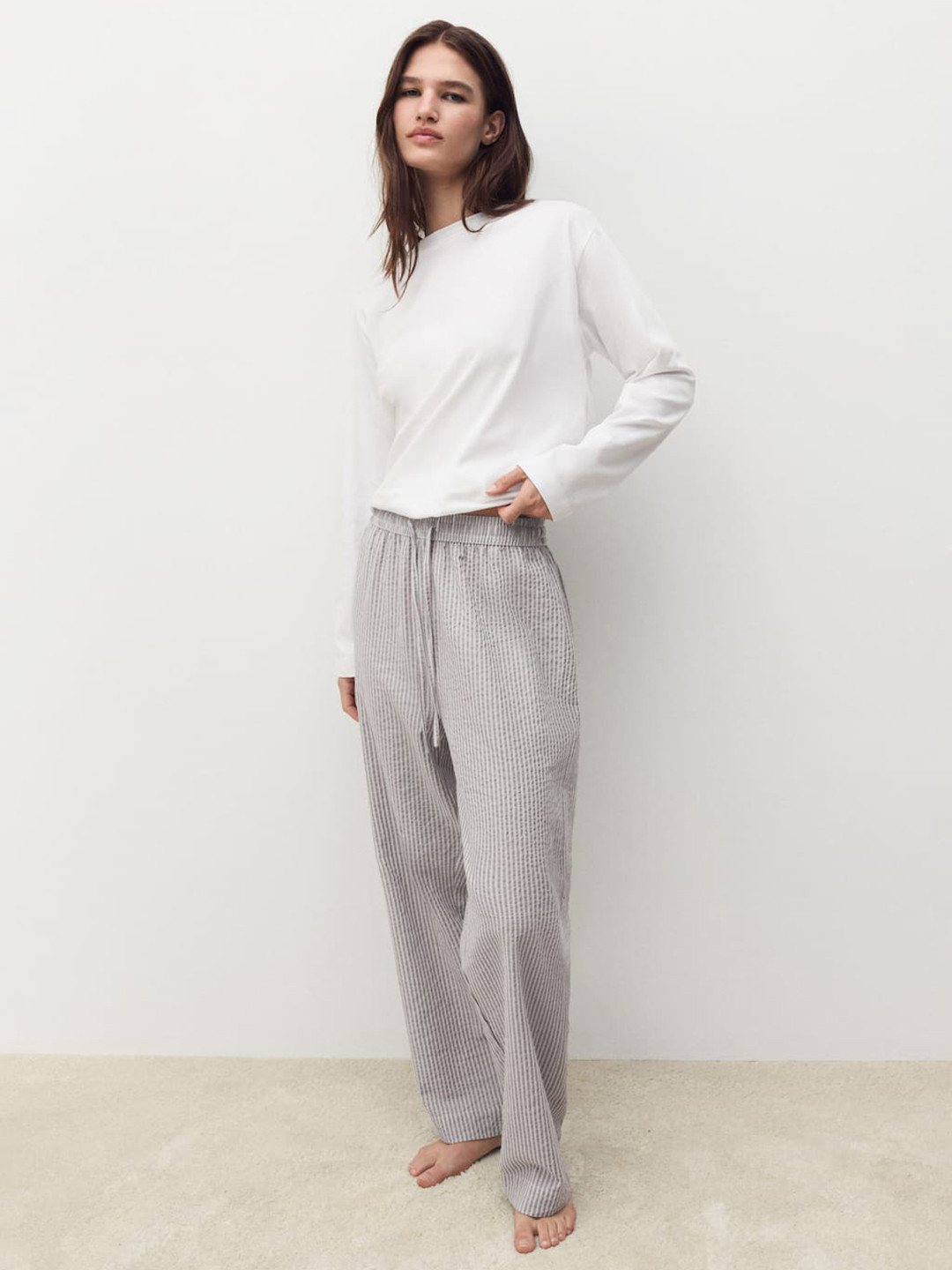 MANGO Women Striped Pure Cotton Straight Lounge Pants