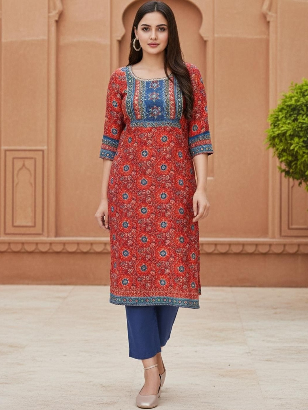 AURELIA Women Floral Printed Thread Work Kurta
