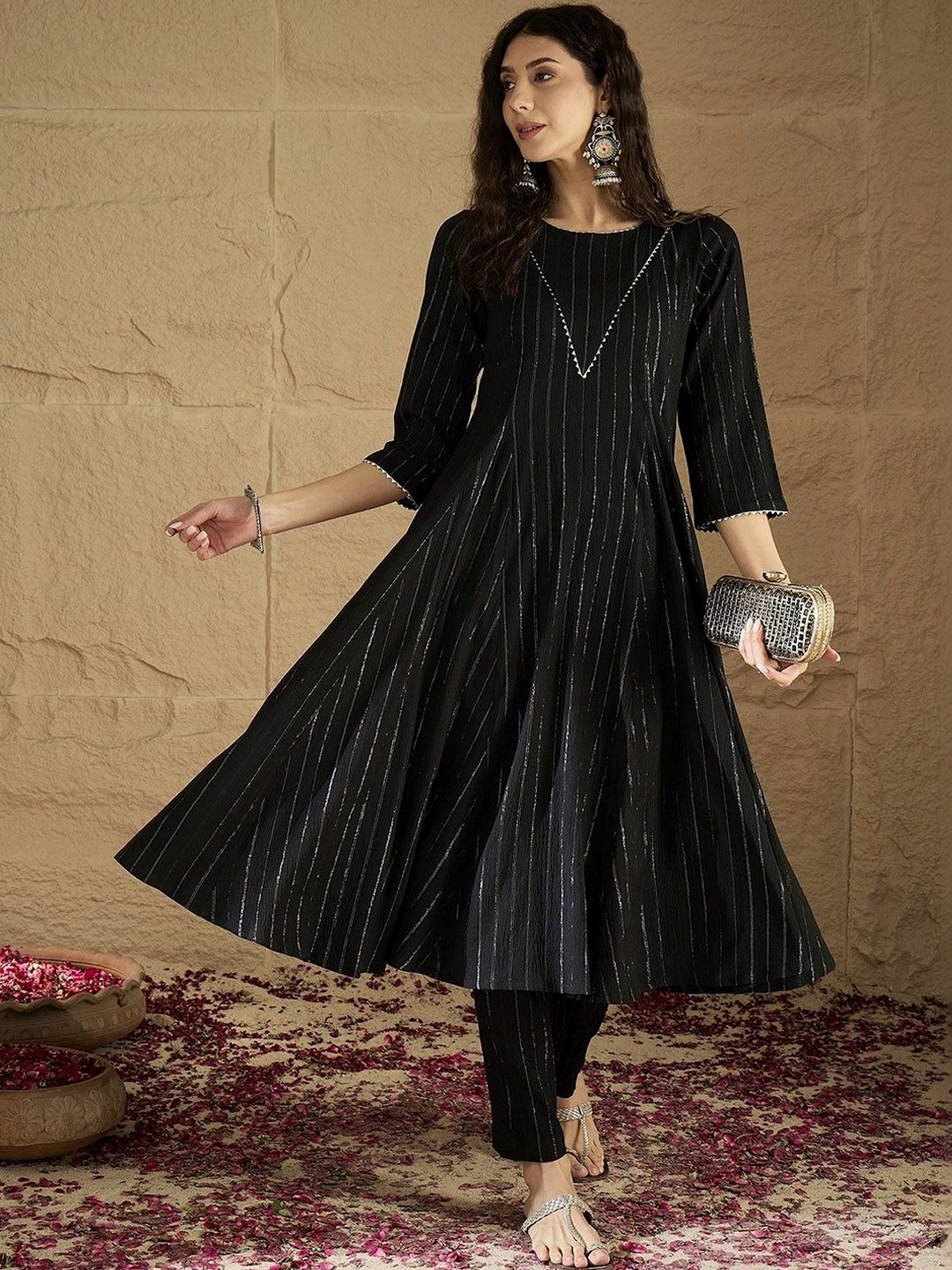 AMRUTVARSHA CREATION Women Striped Panelled Silk Crepe Kurta with Trousers