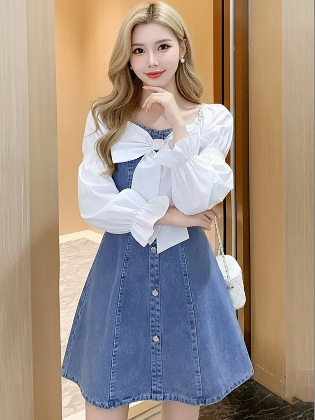 TIARA WORLD Puff Sleeve Denim Fit & Flare Dress