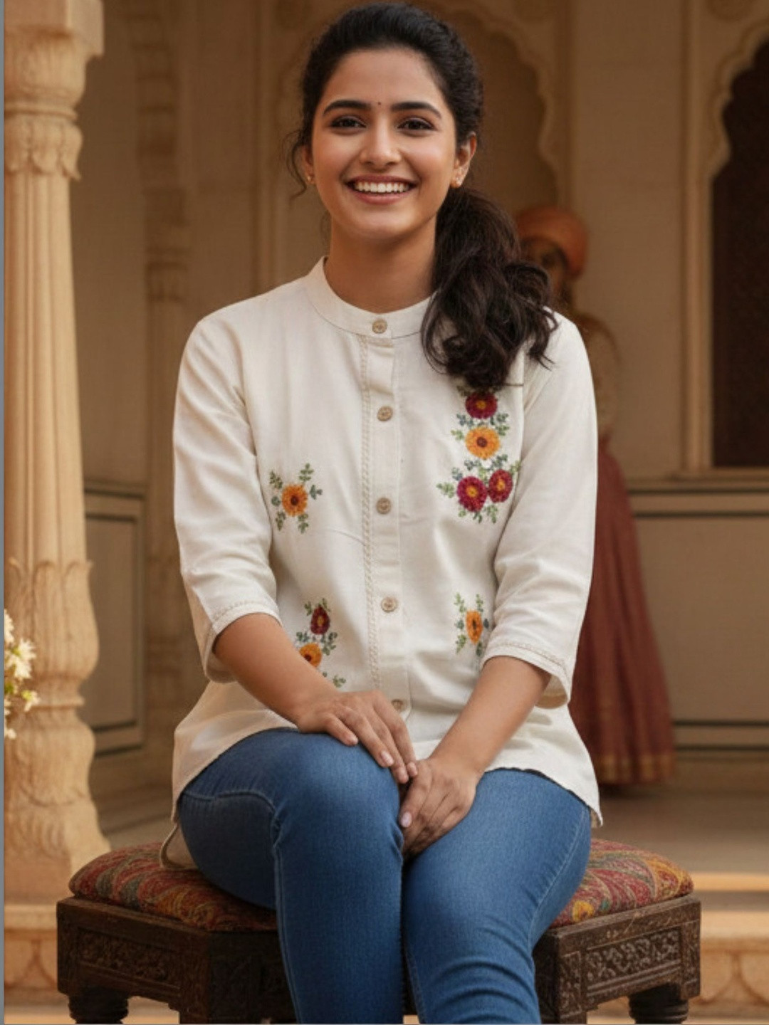 YOELLA Floral Embroidered Mandarin Collar Organic Cotton Top