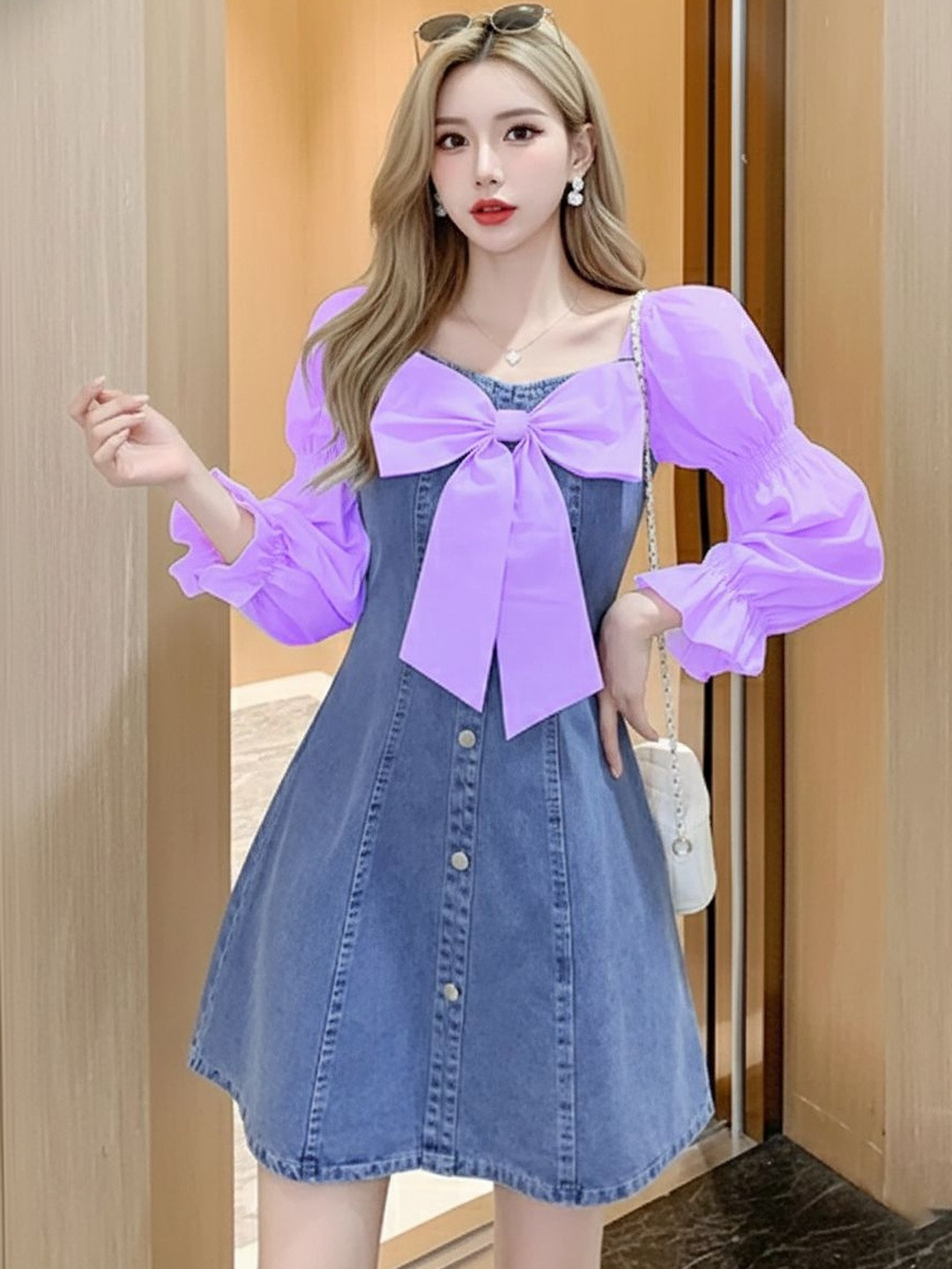TIARA WORLD Puff Sleeve Denim Fit & Flare Dress