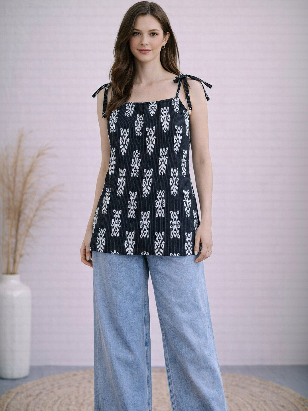 EthniFlair Ethnic Motifs Printed Square Neck Pure Cotton Kurti