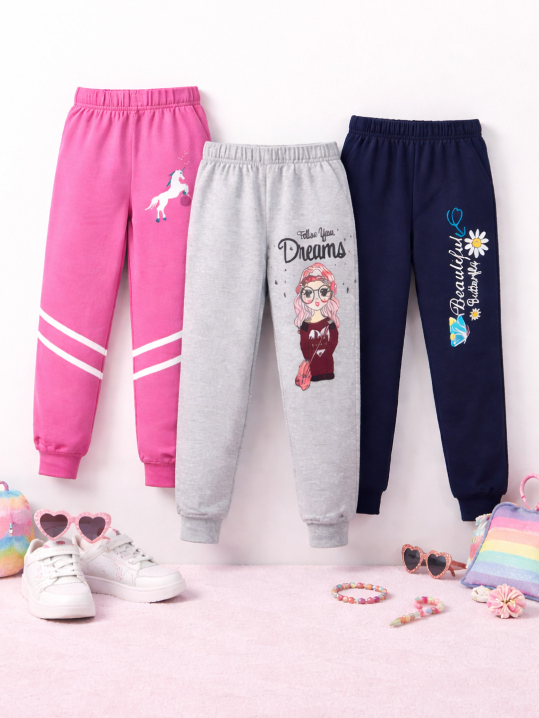 FAZZA Girls Pack Of 3 Pure Cotton Regular Fit Mid-Rise Joggers
