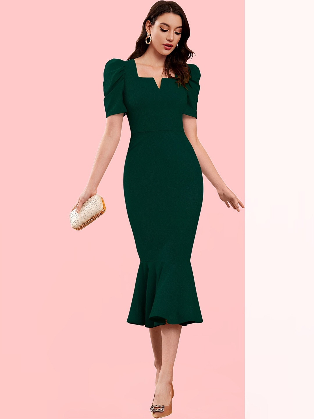 ELLITI Puff Sleeve Ruffled PU Coated Fit & Flare Midi Dress