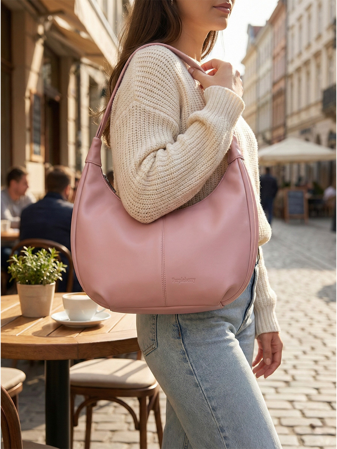 Purpleberry Solid Large Half Moon Hobo Bag