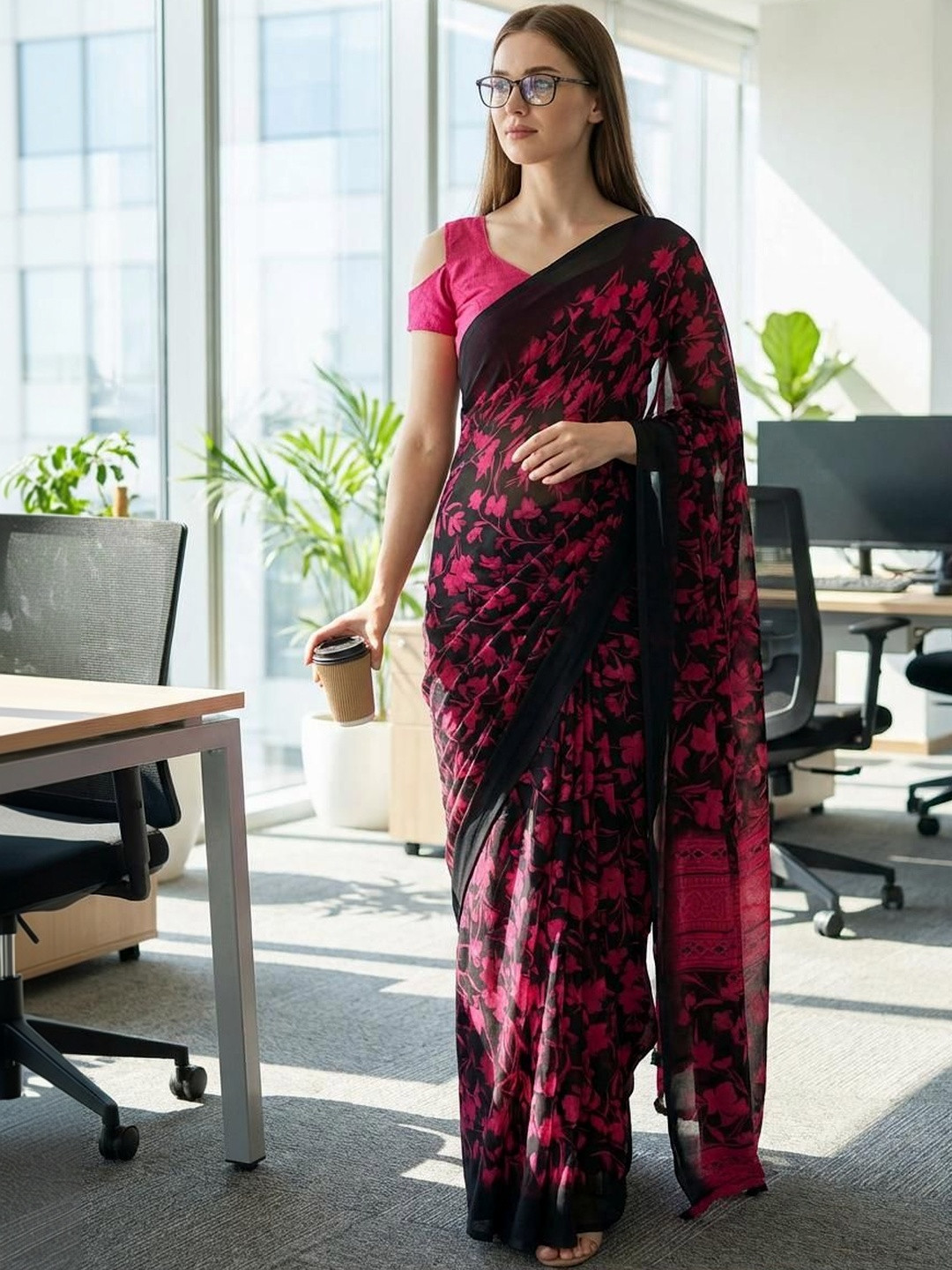 STYLETONE Floral Poly Georgette Saree