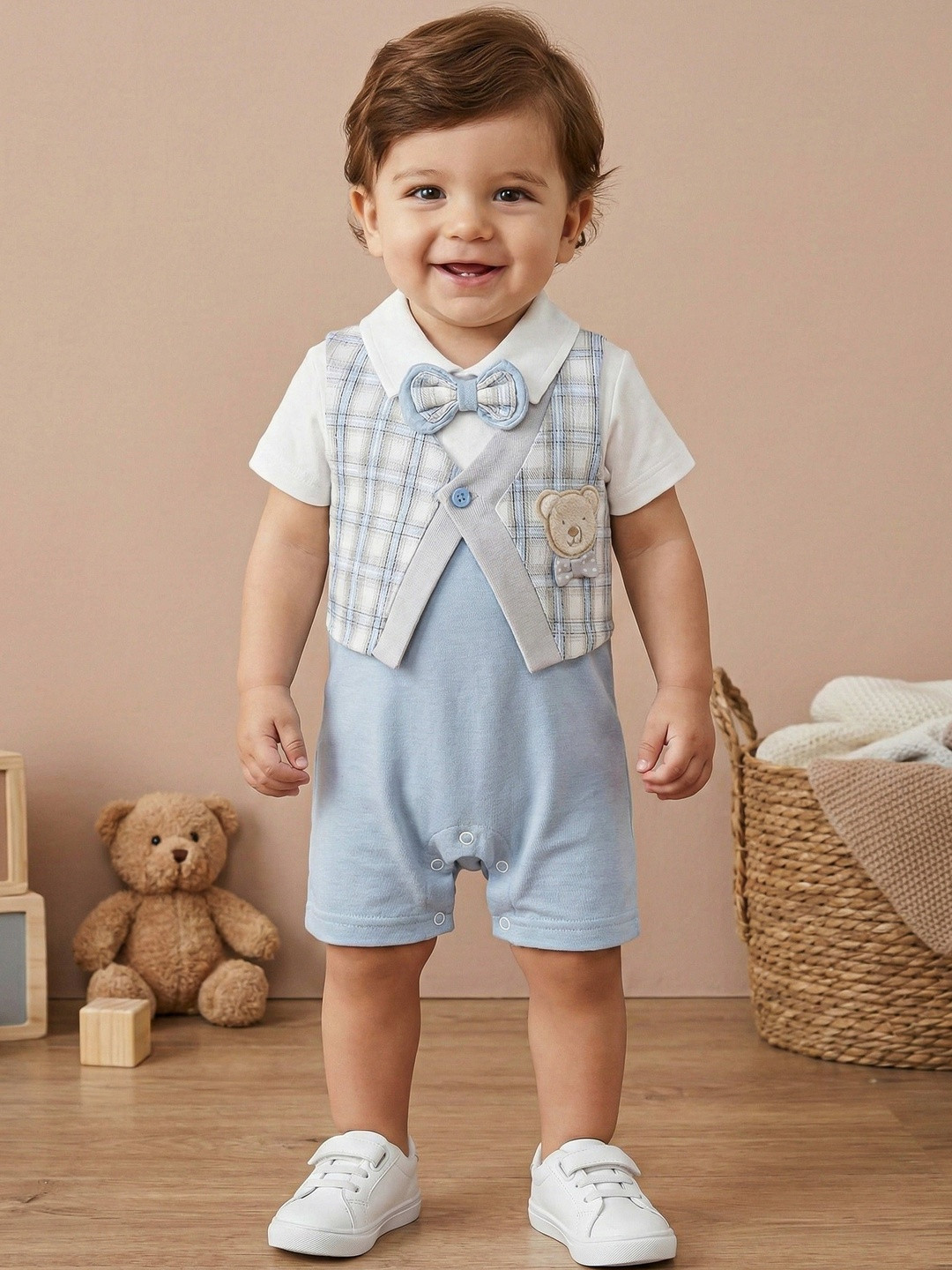 Pompidou Infant Boys Printed Short Sleeves Cotton Rompers