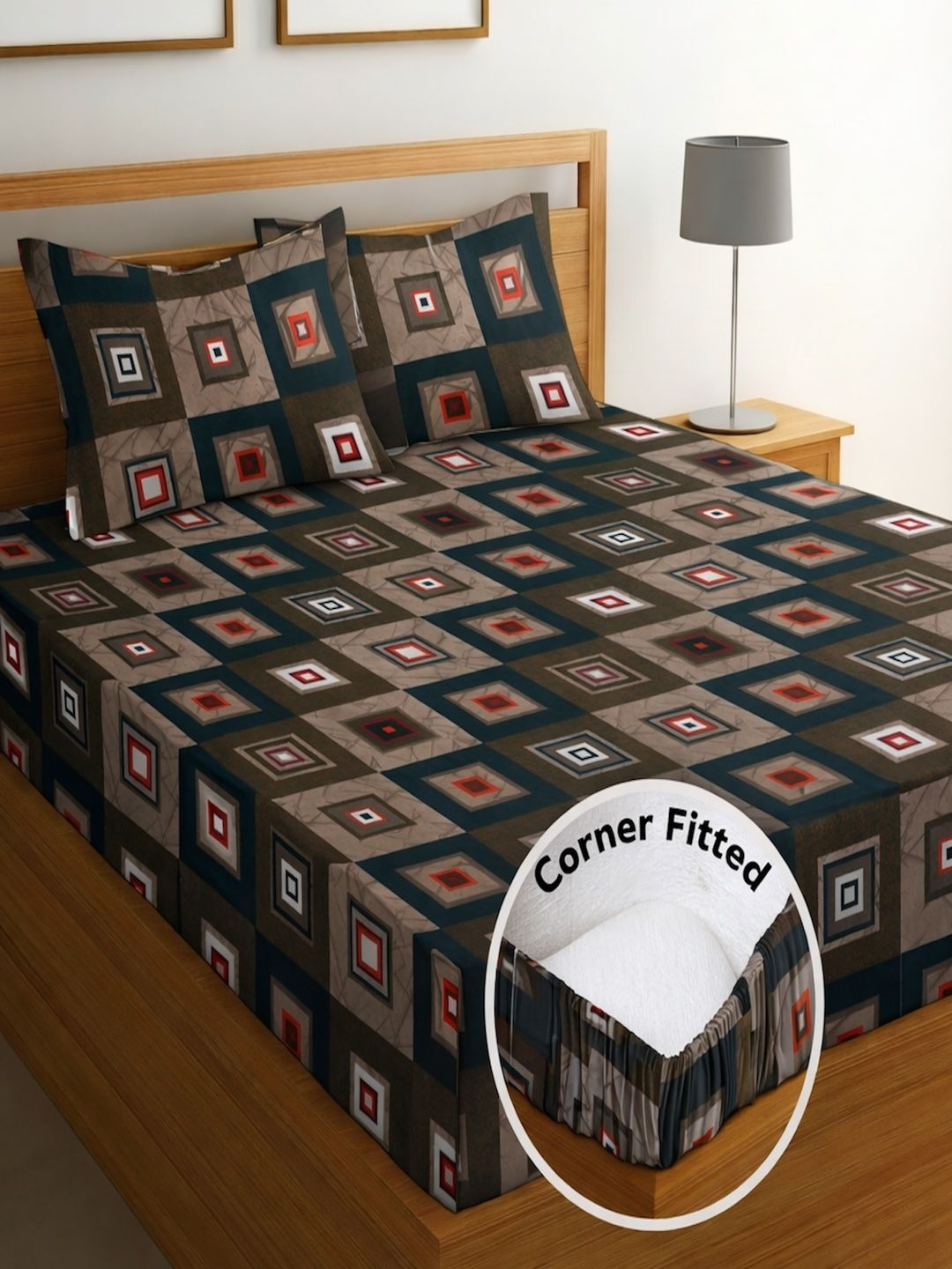 IWS Brown Geometric Bedsheet with 2 Pillow Covers