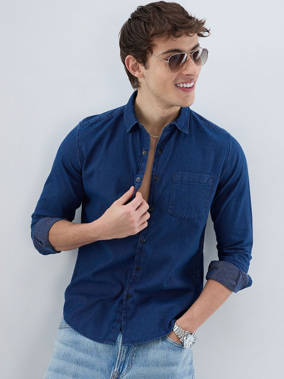 VASTRADO Soign Navy Pinstripe Denim Shirt