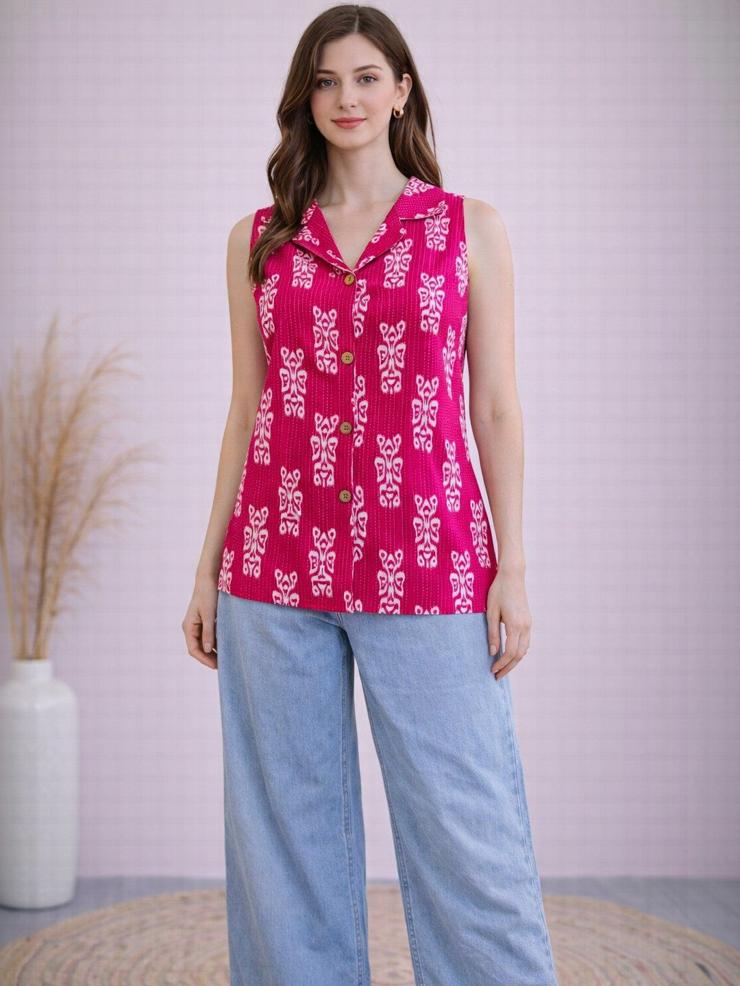 EthniFlair Ethnic Motifs Printed Shirt Collar Pure Cotton Kurti