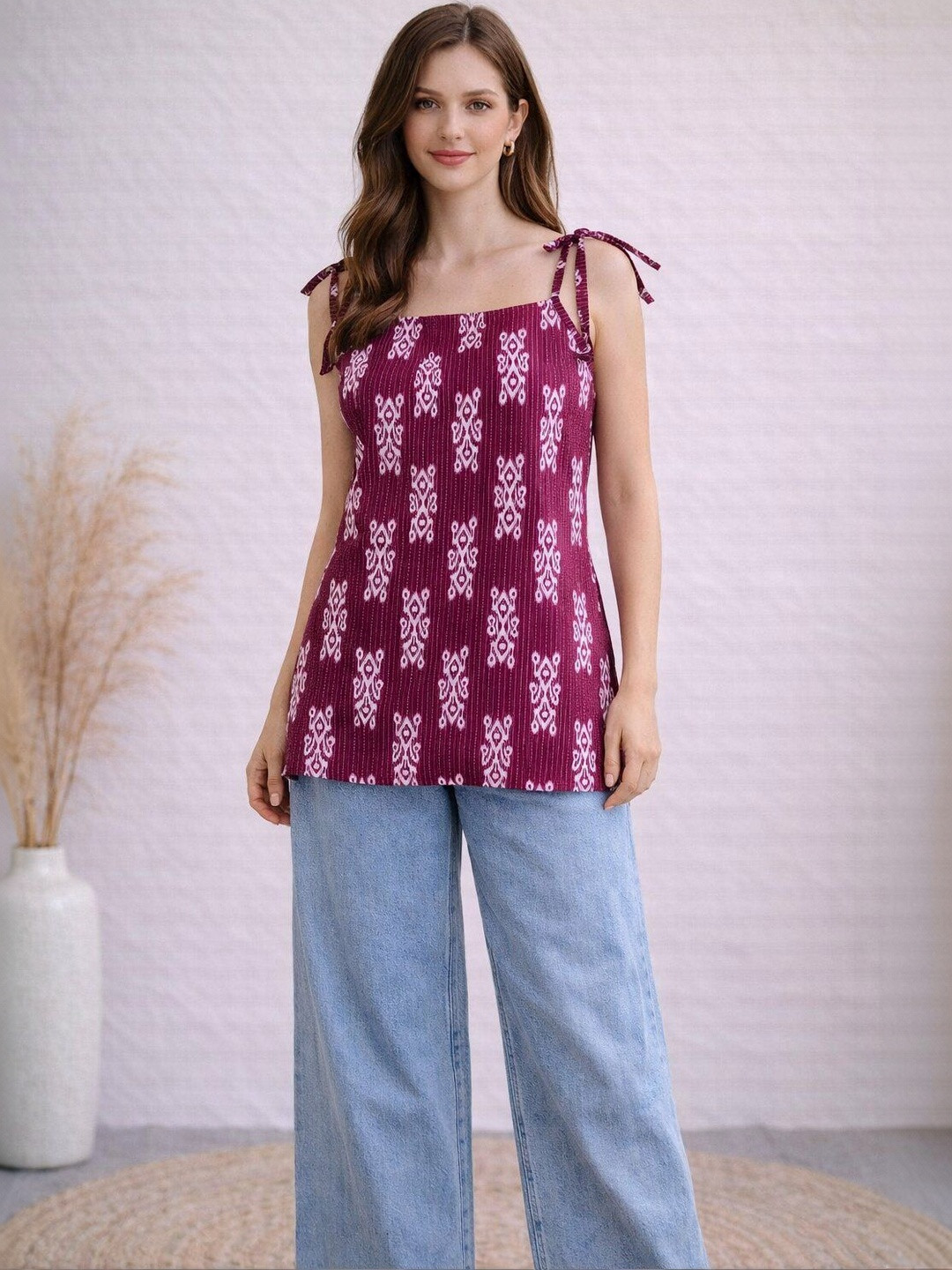 EthniFlair Ethnic Motifs Printed Square Neck Pure Cotton Kurti