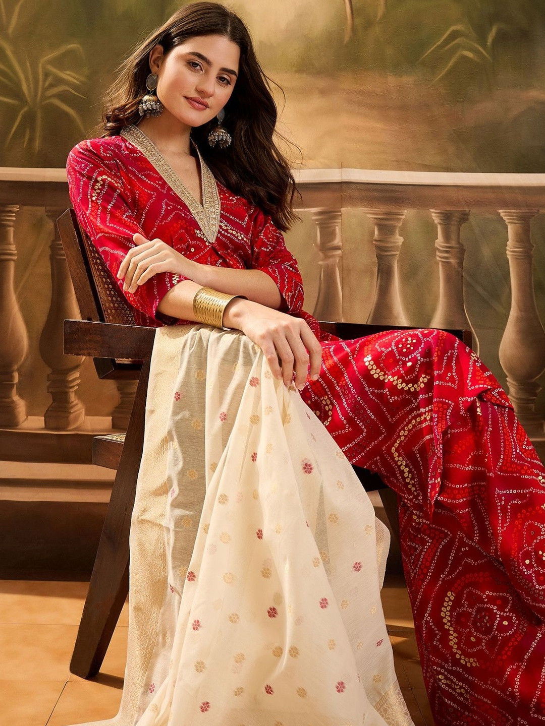 Ethnic Junction Women Bandhani Printed Regular Gotta Patti Kurta with Trousers & With Dupatta