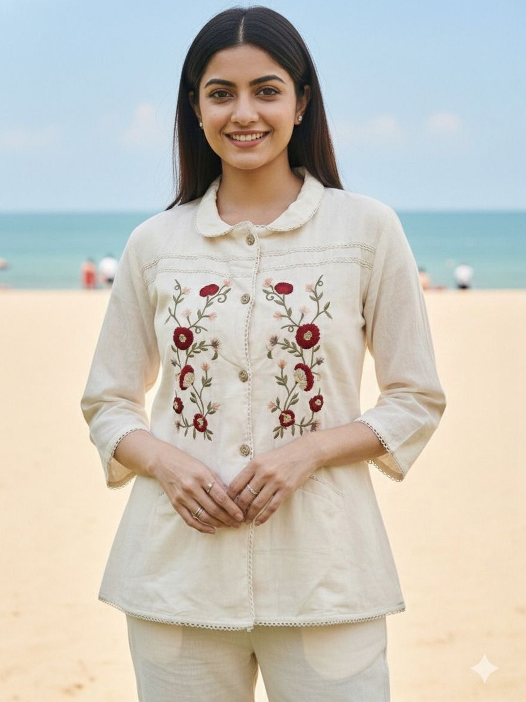YOELLA Floral Embroidered Peter Pan Collar Organic Cotton Top