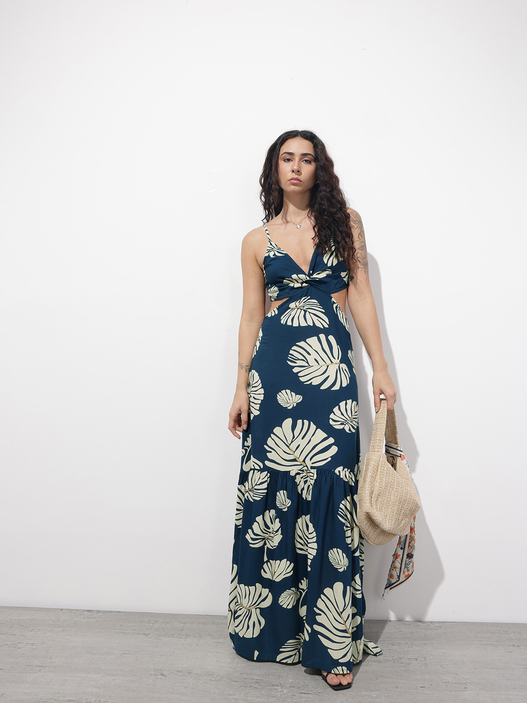 The Life Co. Tropical Printed Shoulder Straps Cut-Out Detail Maxi Dress