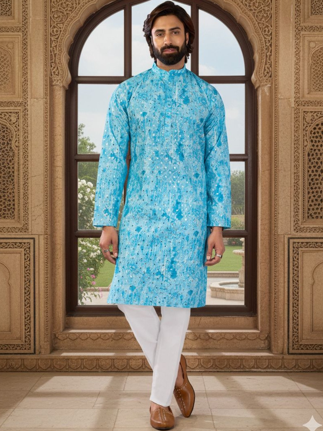 RANGRAAG Men Dyed Regular Sequinned Kurta with Trousers