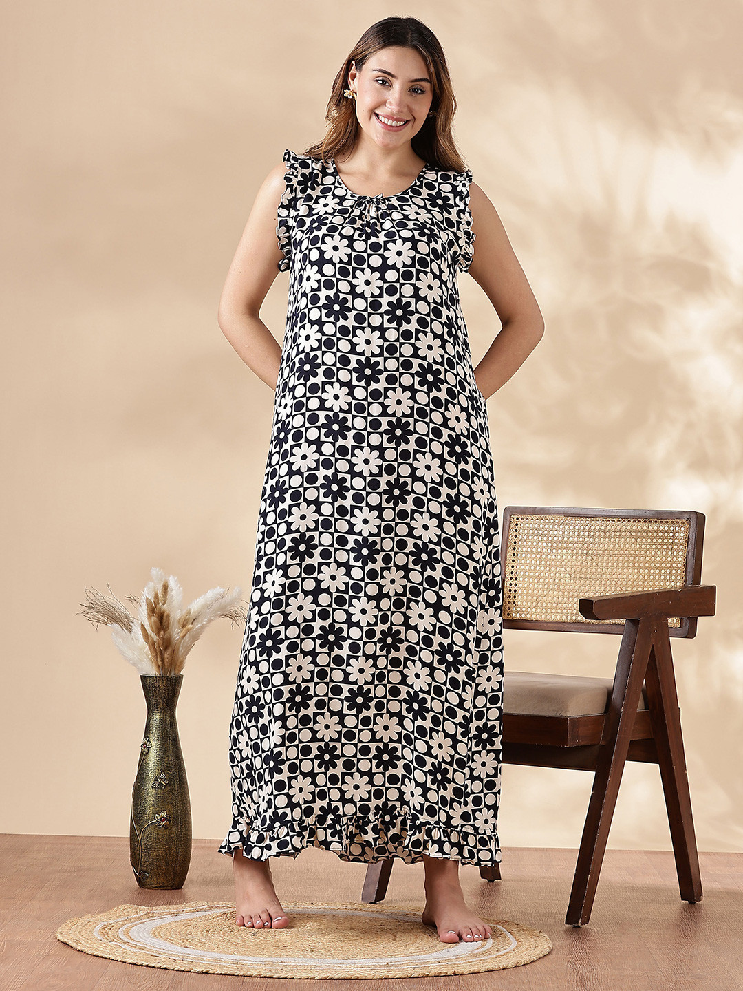 9shines Label Women Rayon Floral Print Sleeveless Nightdress