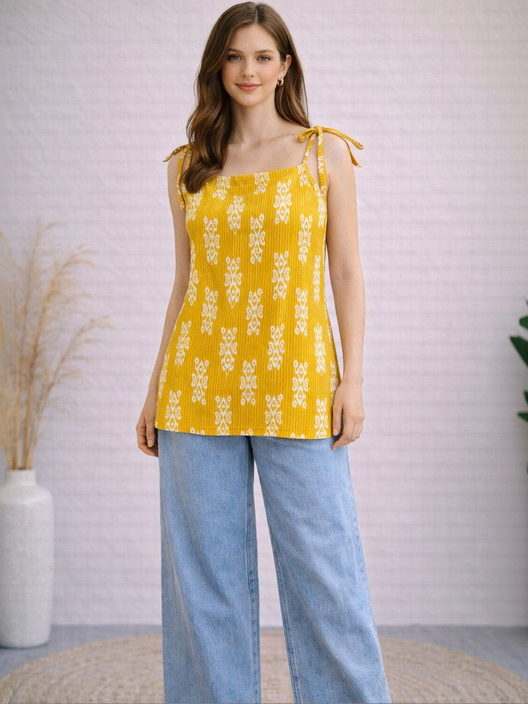 EthniFlair Ethnic Motifs Printed Square Neck Pure Cotton Kurti