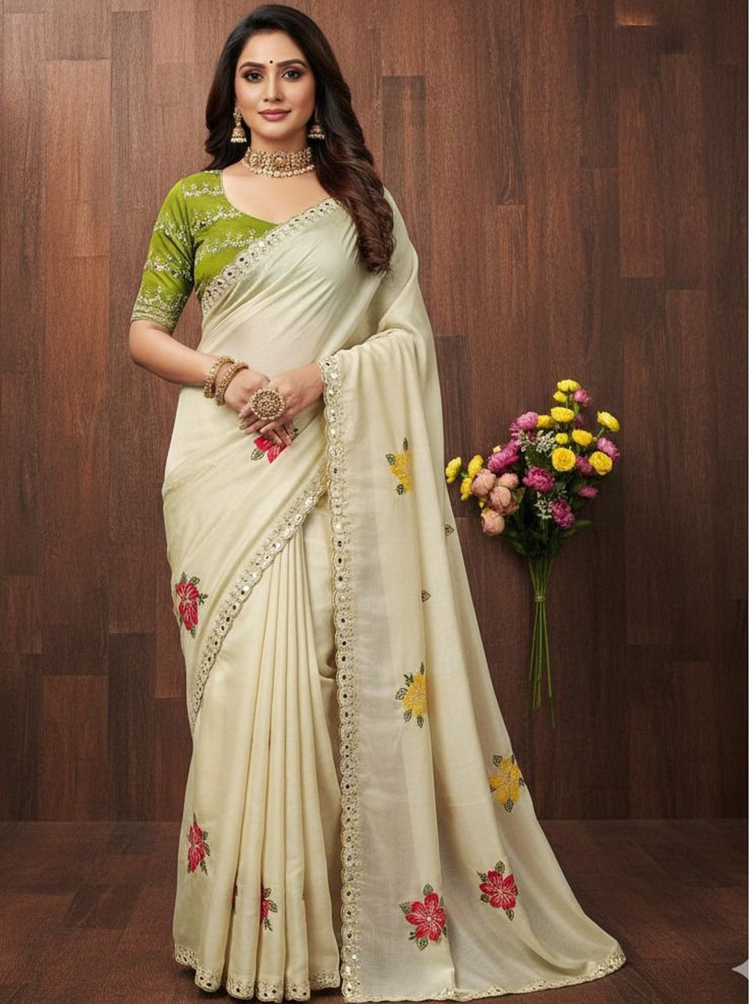 Sanwariya Silk Floral Mirror Work Pure Georgette Saree