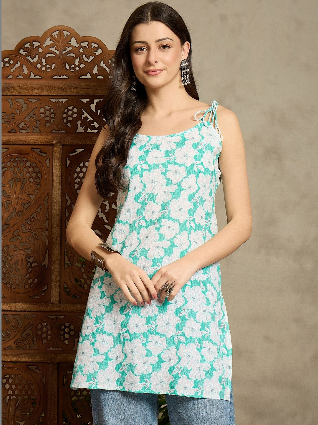 VANSIRI Floral Printed Boat Neck Pure Cotton Kurti