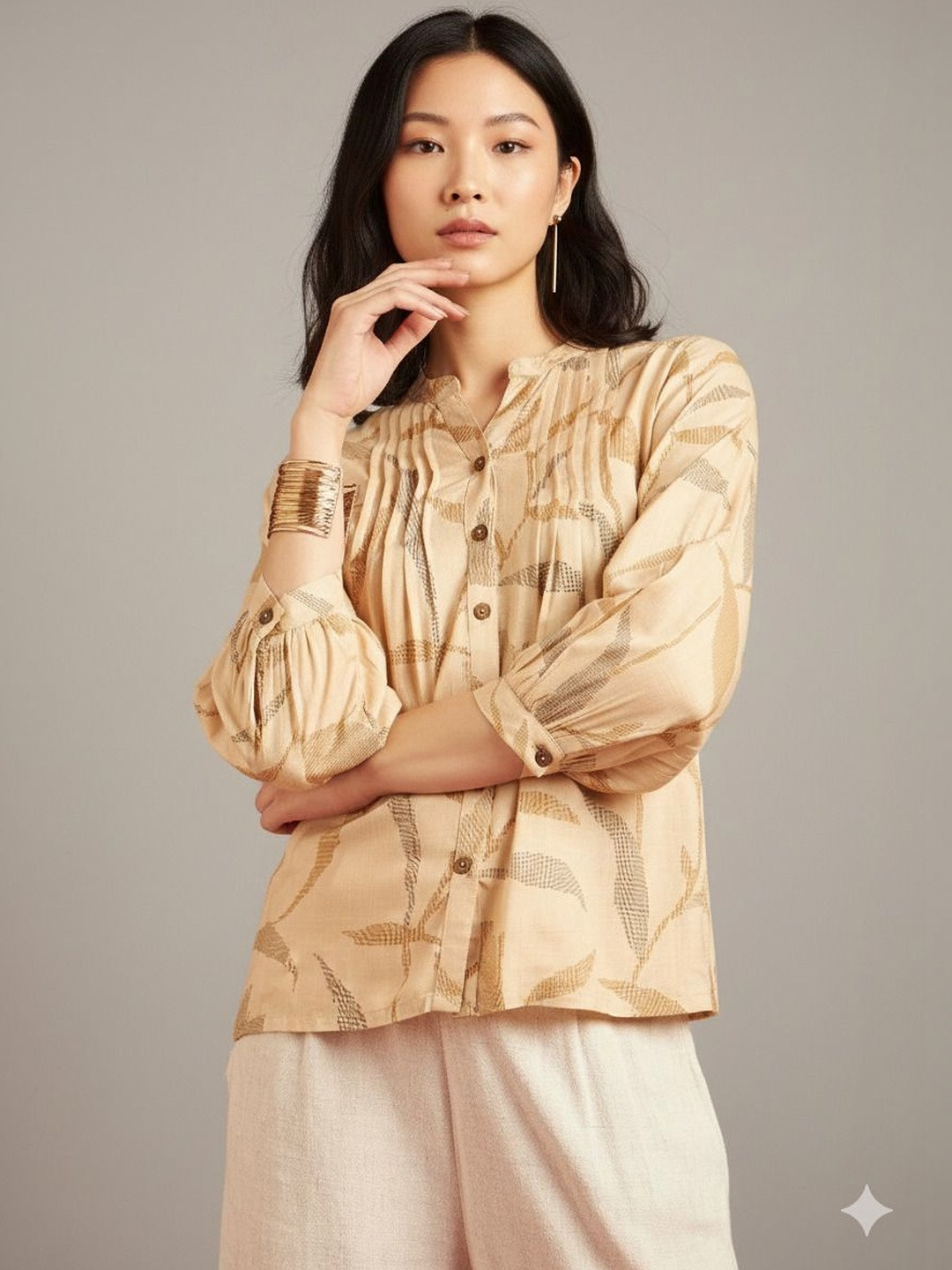 Anouk Rustic Floral Print Mandarin Collar Crepe Top