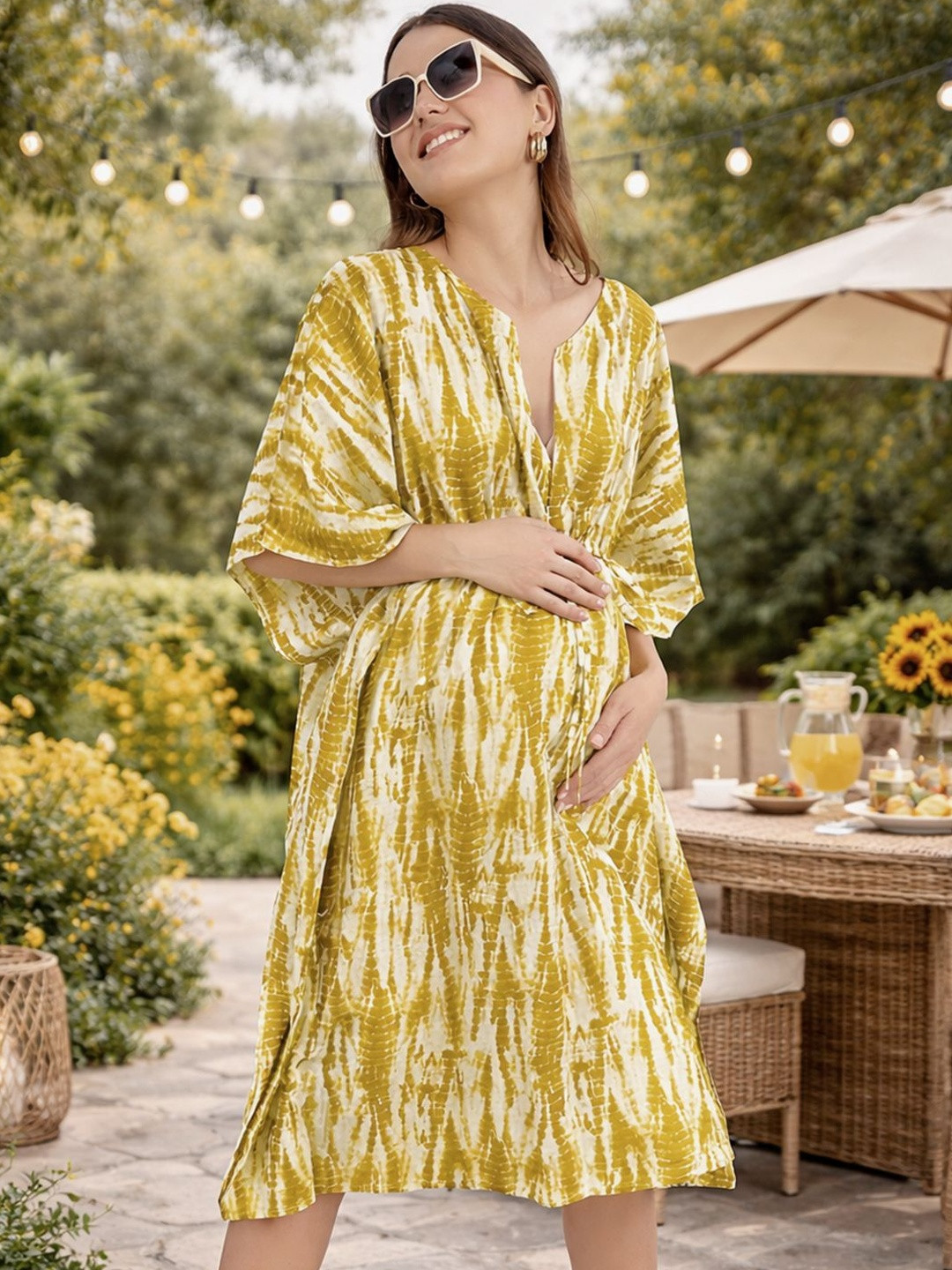 angloindu Tie and Dye Dyed Batwing Sleeve Kaftan Dress