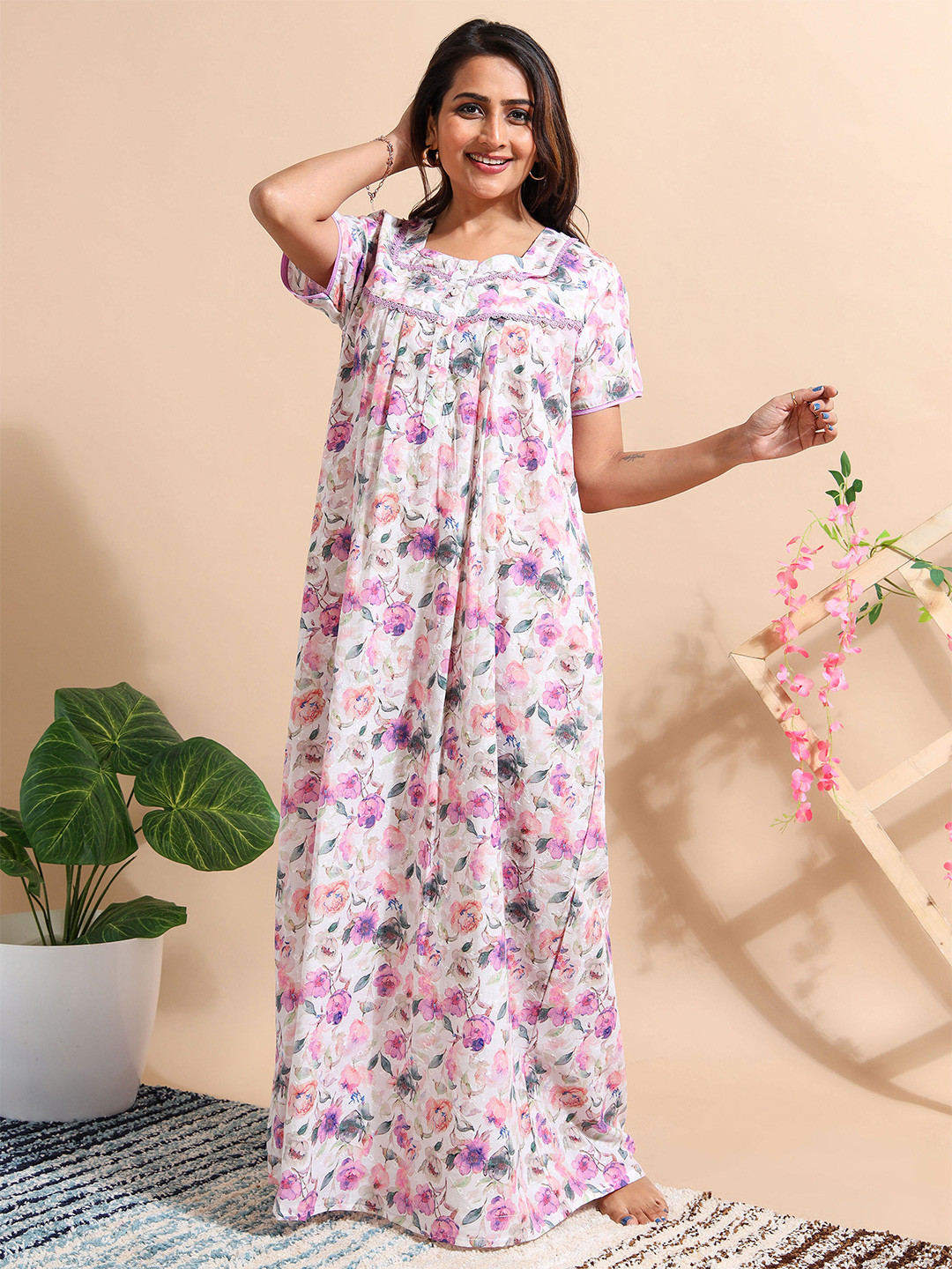 9shines Label Cotton Chikankari Purple Floral Nightdress with Pocket and Lace