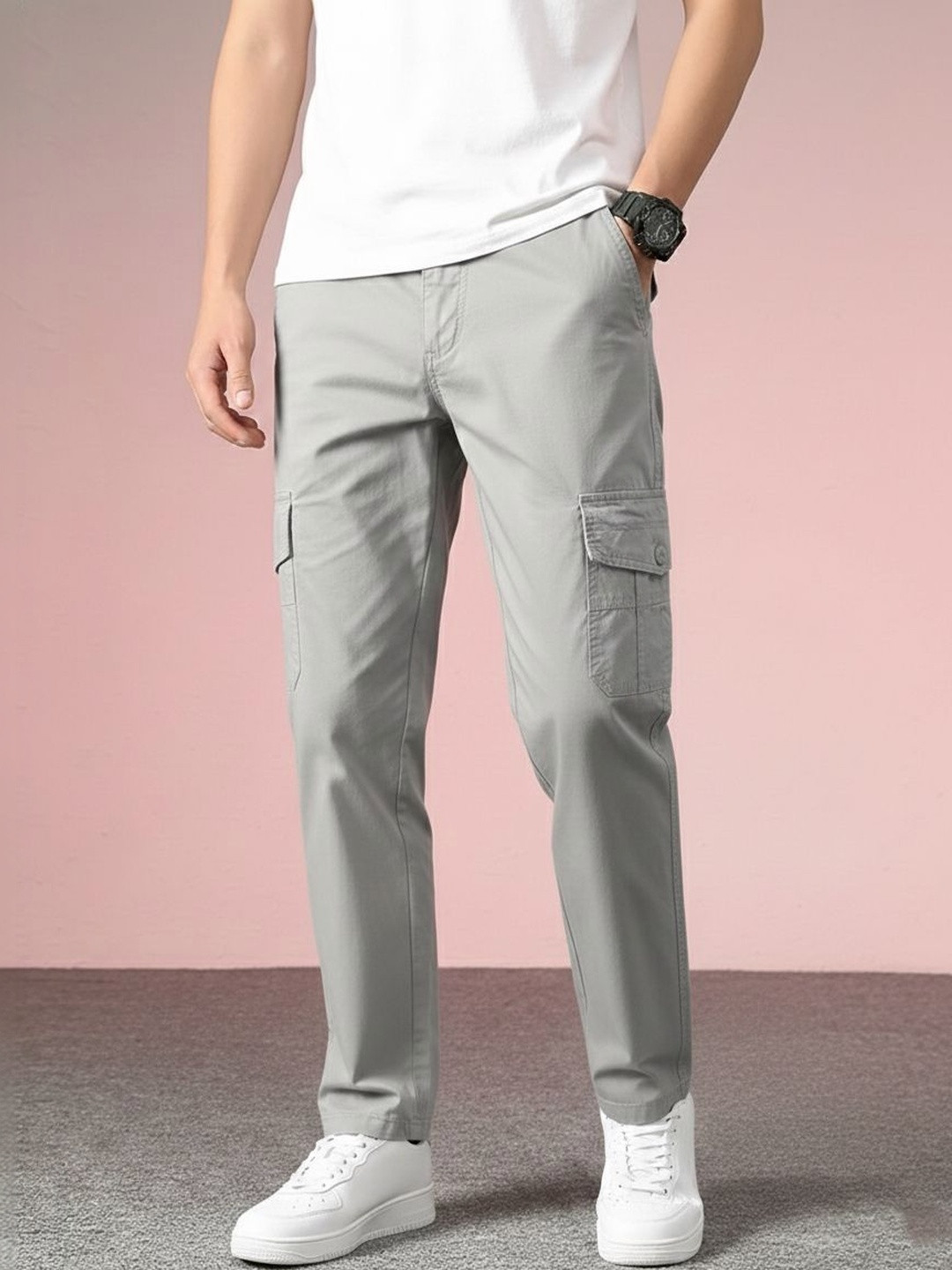 GREENFLAIR Men Relaxed Straight Leg Loose Fit Cargos Trousers