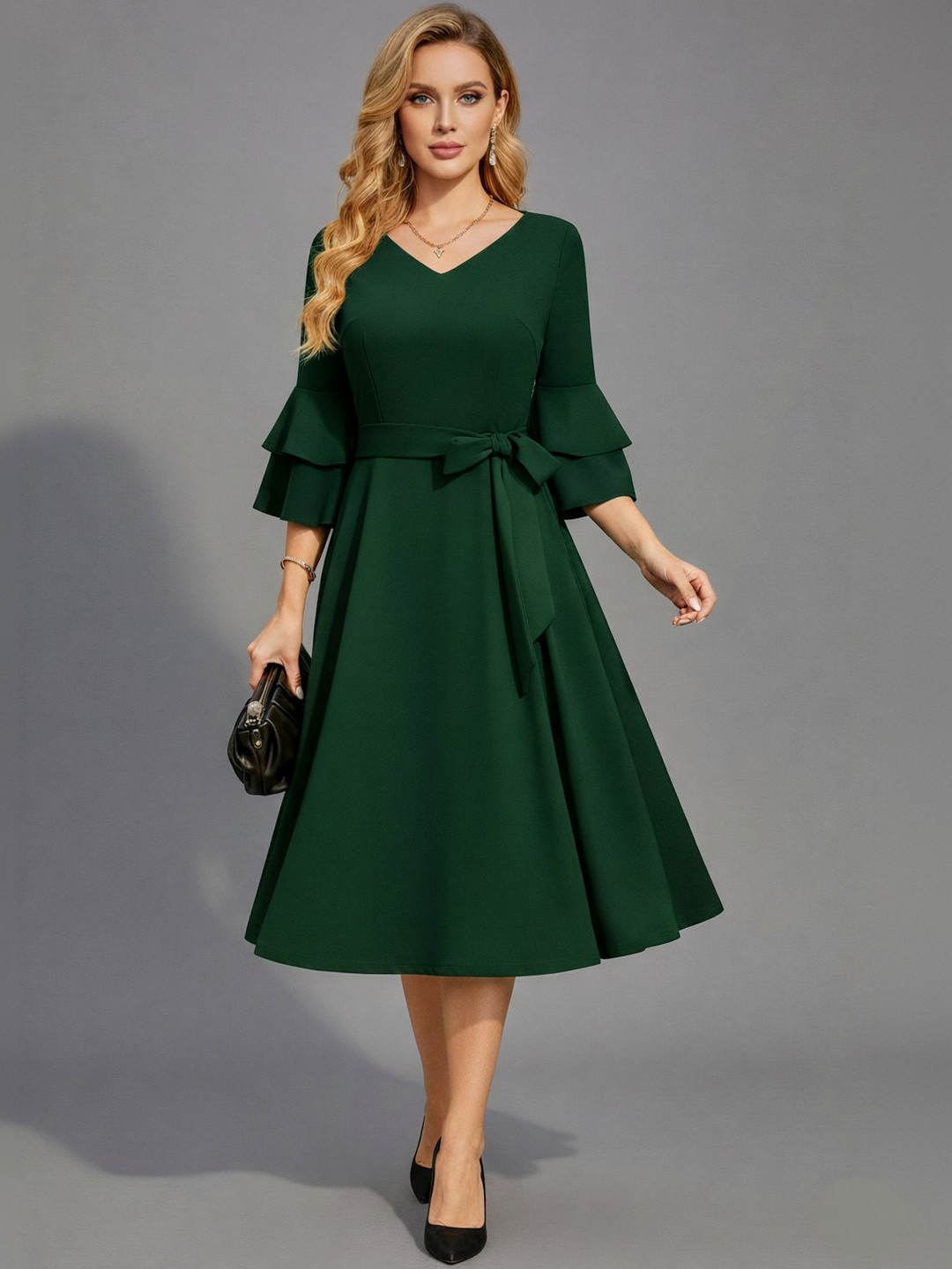 C4D Bell Sleeve Ruffled Fit & Flare Dress