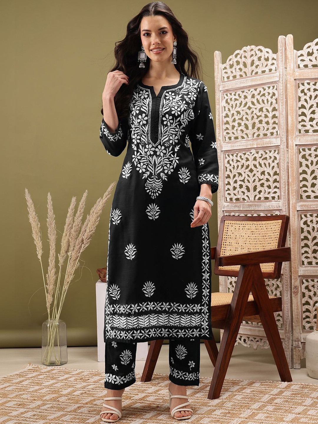 ADA Women Ethnic Motifs Embroidered Regular Chikankari Kurta with Trousers