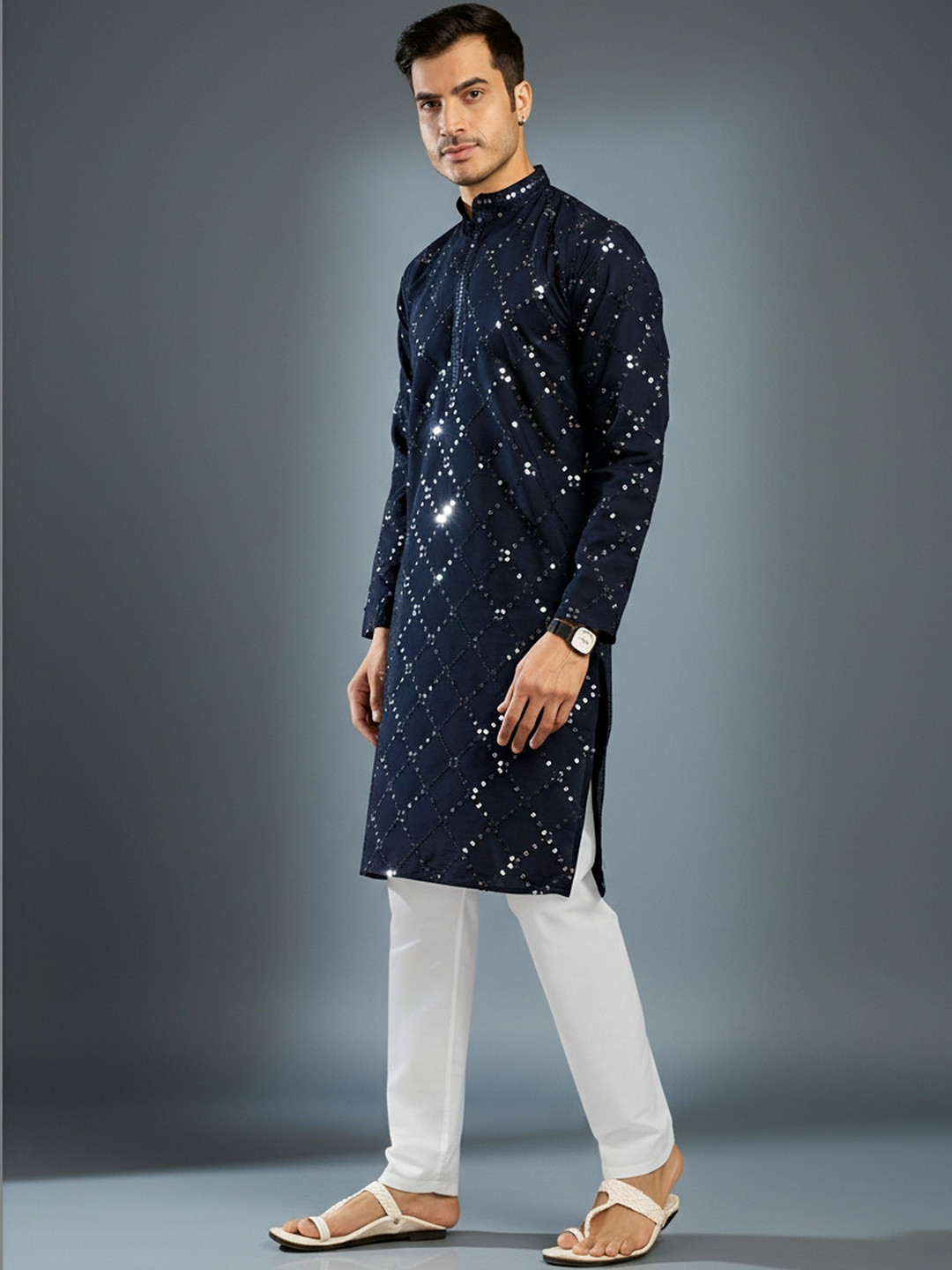 RANGRAAG Men Embroidered Regular Sequinned Kurta with Pyjamas