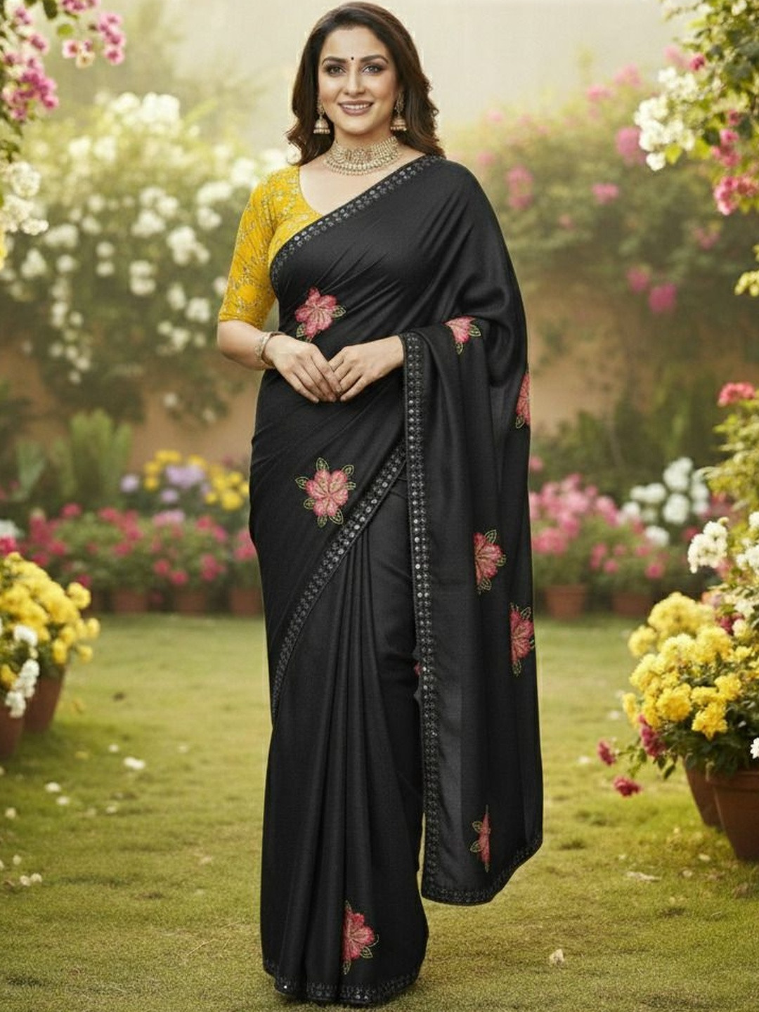 Sita Floral Mirror Work Pure Georgette Saree