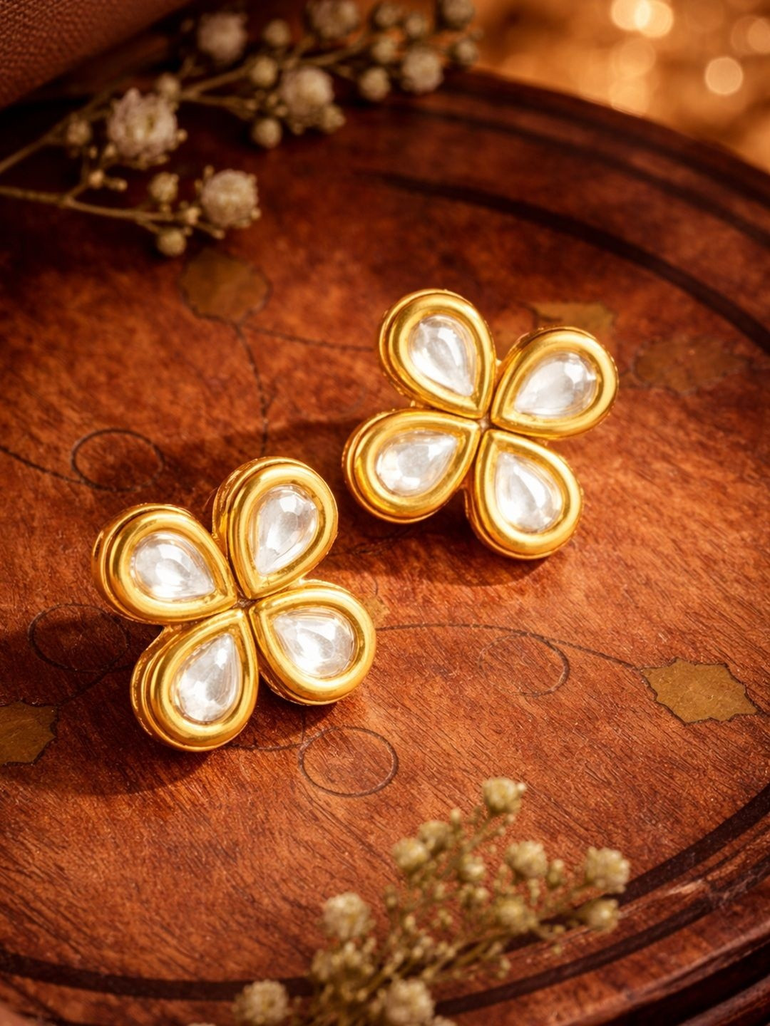 SUGARFRILL Ethnic Gold Plated Kundan Flower Stud Earrings