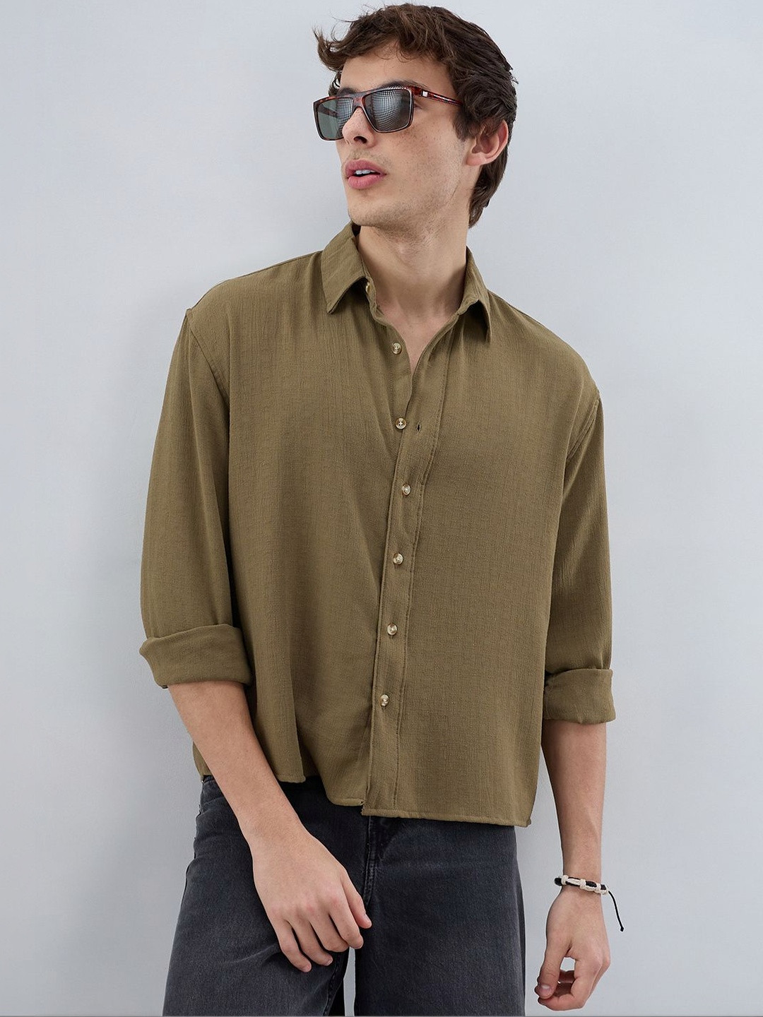 VASTRADO Pickle Olive Textured Boxy Fit Crop Shirt - Image 1
