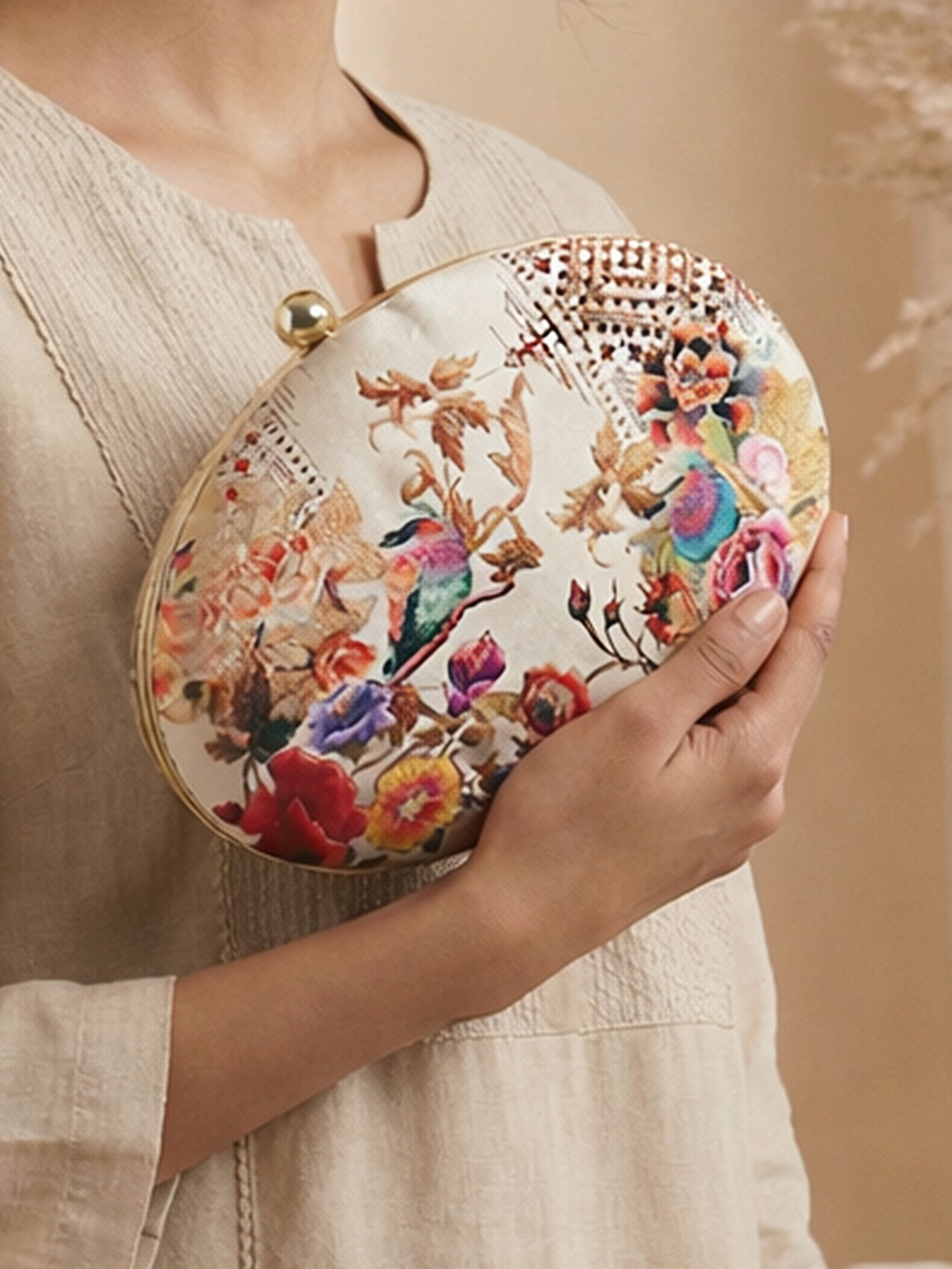 ARTKLIM Floral Birds Printed Oval Box Clutch With Shoulder Strap