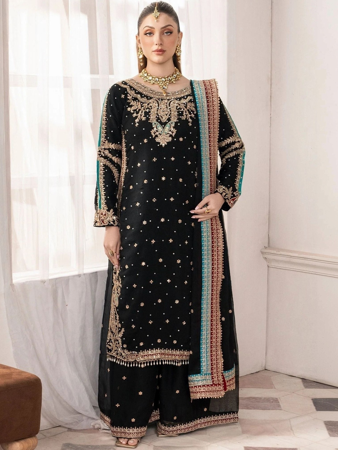 ELIINDRA Women Ethnic Motifs Embroidered Regular Thread Work Kurta with Palazzos & With Dupatta
