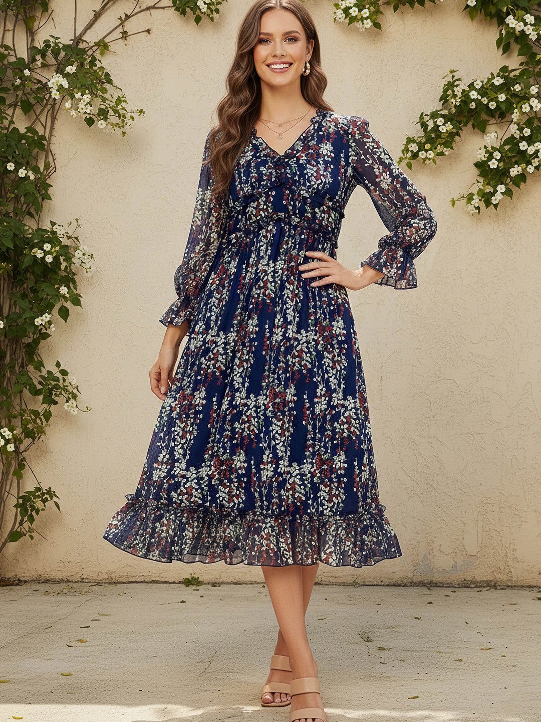 Berrylush Navy Blue Floral Printed Ruffled Chiffon A-Line Dress