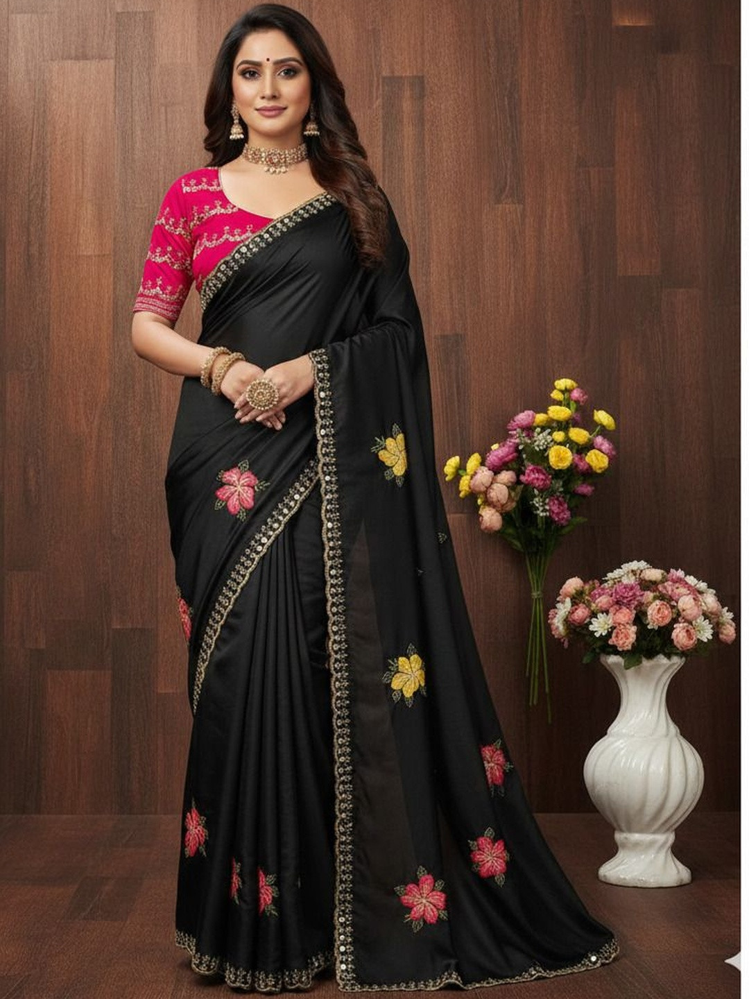 SANJANA SILK Floral Embroidered Pure Georgette Designer Saree