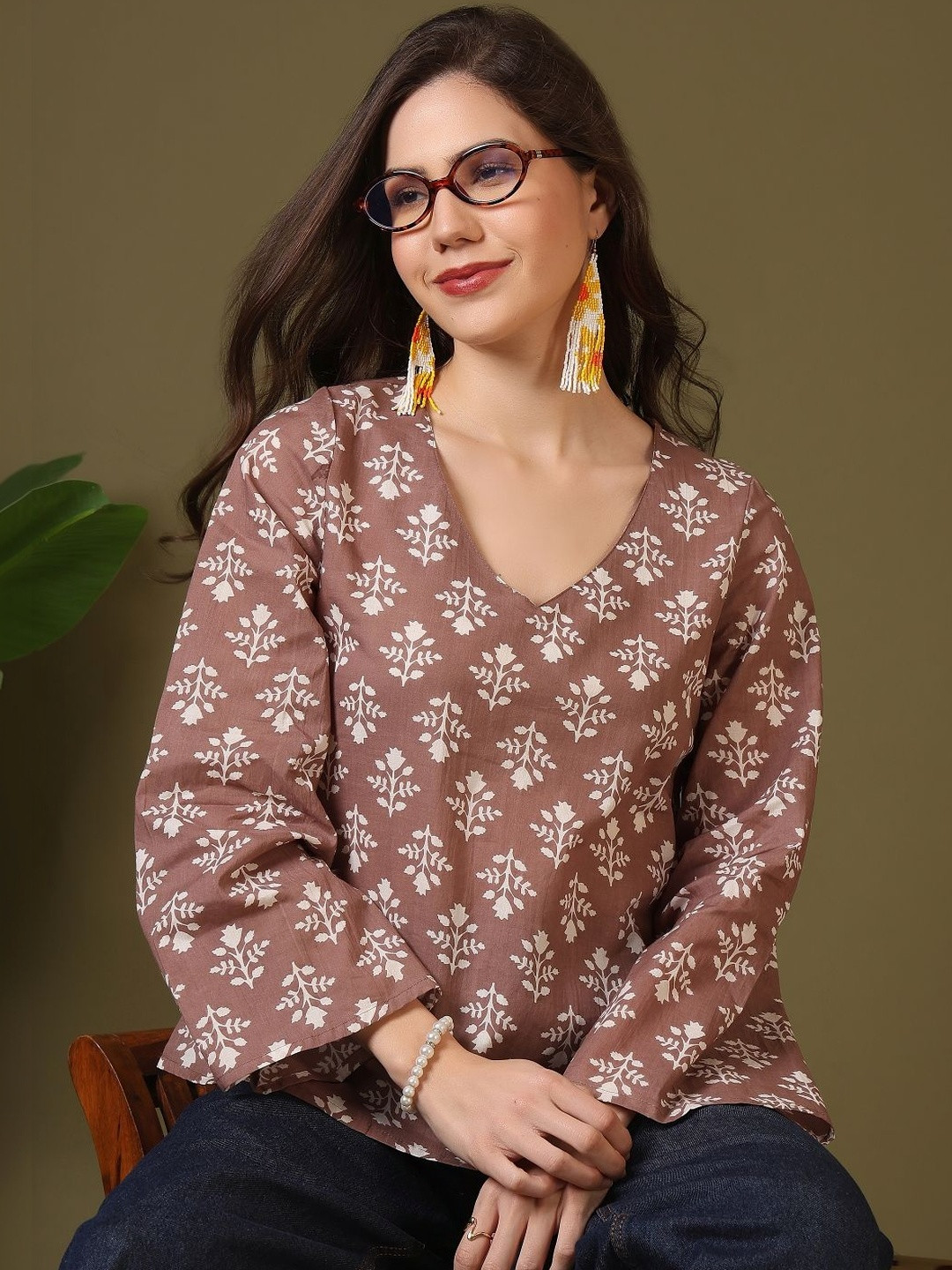 KALAMIR Floral Print Bell Sleeve Cotton Top