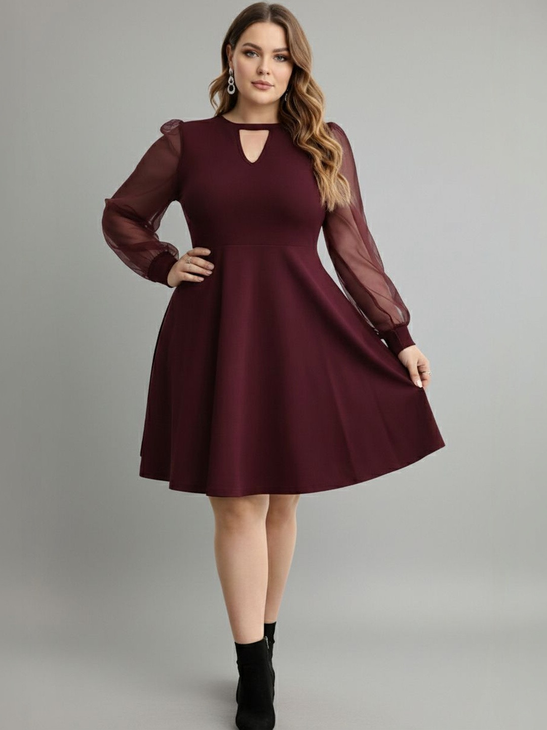 C4D Keyhole Neck Bishop Sleeve Fit & Flare Dress